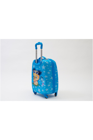 A blue KIDS LUGGAGE BAG with a bear on it.