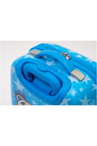 A blue Kids Luggage Bag with a cartoon character on it.