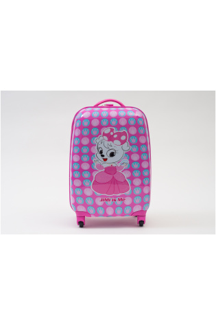 A pink kids luggage bag with a Disney princess on it.