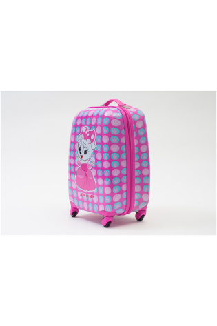 A pink KIDS LUGGAGE BAG with a cartoon character on it.