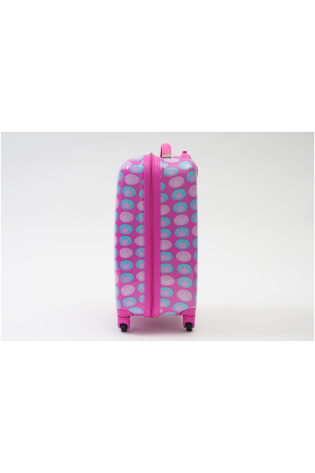 A pink and blue KIDS LUGGAGE BAG with polka dots on it.