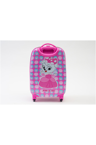 A pink KIDS LUGGAGE BAG with a cartoon character on it.