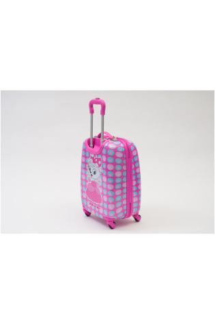 A pink KIDS LUGGAGE BAG with polka dots on wheels.