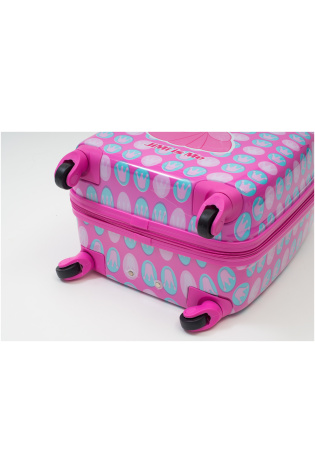 A pink KIDS LUGGAGE BAG with wheels.