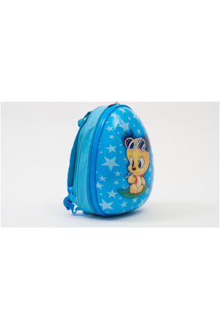 A blue KIDS LUGGAGE BAG with a cartoon character on it.