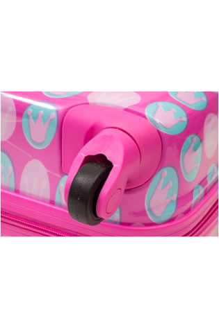 A pink KIDS LUGGAGE BAG with black wheel.