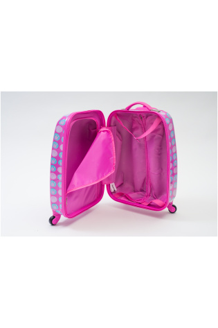 A pink KIDS LUGGAGE BAG with polka dots on it.