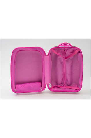 A pink KIDS LUGGAGE BAG with two compartments open on a white background.
