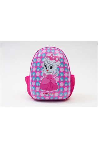 A pink kids luggage bag with a mickey mouse on it.