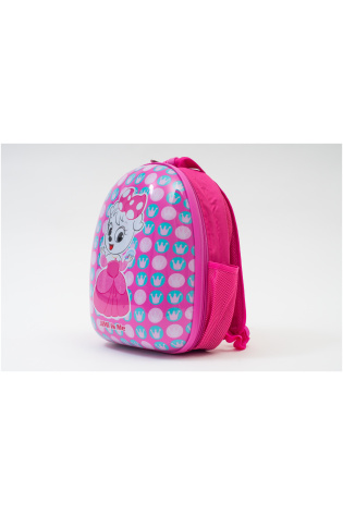 A pink kids luggage bag with mickey mouse on it.