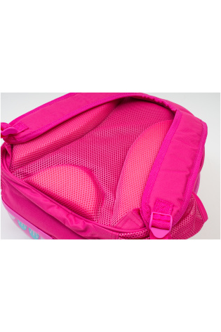 The inside of a pink KIDS LUGGAGE BAG with a zipper.