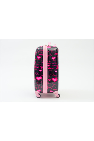 A pink and black Kids Luggage Bag with hearts on it.