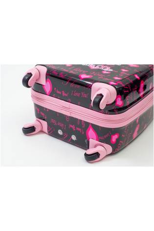 A black and pink KIDS LUGGAGE BAG with pink wheels.