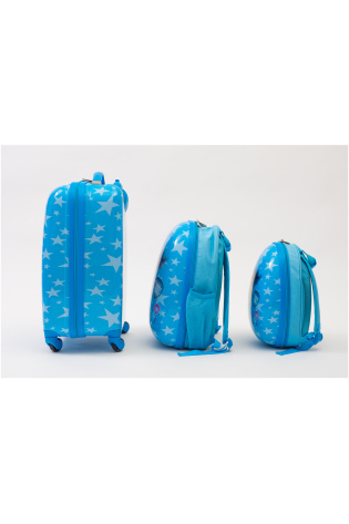 Three blue Kids Luggage Bags with stars on them.