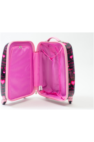A Kids Luggage Bag with pink hearts and words.