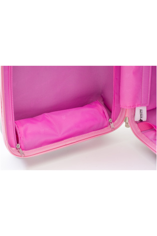 A pink KIDS LUGGAGE BAG with zippers.