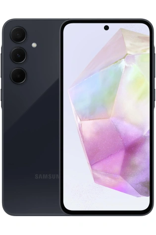 Front and back view of a Samsung Galaxy A34 5G smartphone, featuring a Graphite finish and a triple-camera setup on the rear, and a holographic wallpaper on the screen.