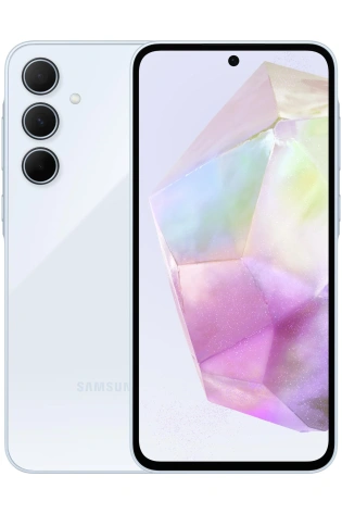 White Samsung Galaxy A34 5G smartphone with a triple-camera setup, featuring a large holographic crystal image on the screen.