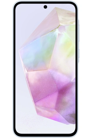 A Samsung Galaxy A34 5G smartphone displaying a close-up image of a colorful, translucent crystal on its screen.