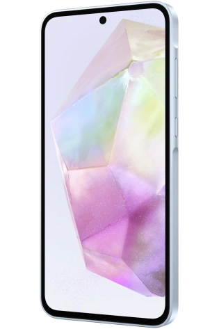 Samsung Galaxy A34 5G displaying a colorful crystal wallpaper on its screen, featuring a white frame and a frontal camera notch at the top.