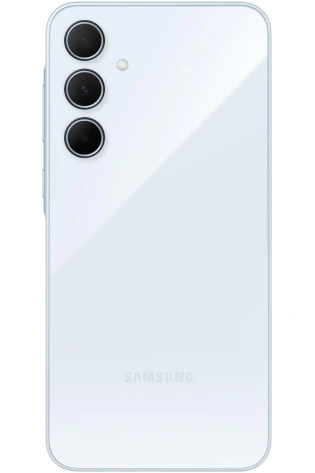 Rear view of a Samsung Galaxy A34 5G smartphone with three camera lenses and a Samsung logo on a white background.