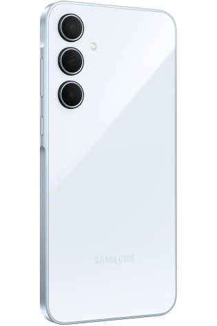 White Samsung Galaxy A34 5G smartphone featuring a triple camera setup on the top left of its back. The Samsung logo is displayed in the middle.