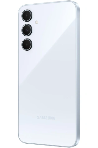 A white Samsung Galaxy A34 5G smartphone with three rear cameras and a Samsung logo at the bottom.