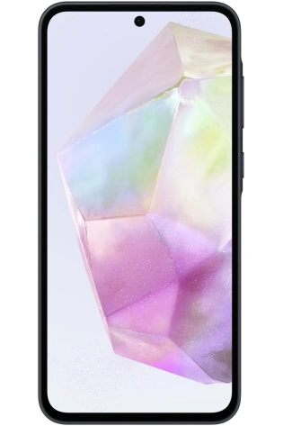 A Samsung Galaxy A34 5G displaying a colorful holographic crystal image on its screen, isolated on a white background.