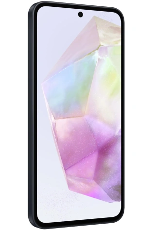 Samsung Galaxy A35 5G 128GB (Awesome Navy) displaying a colorful, iridescent crystal wallpaper on its screen, encased in a black frame with a camera notch at the top.