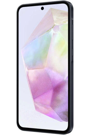 Samsung Galaxy A35 5G 128GB (Awesome Navy) displaying a colorful geometric wallpaper on its screen, with a black border and minimal front bezel.