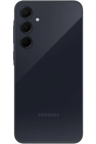 Rear view of a Samsung Galaxy A35 5G 128GB (Awesome Navy) showing a black glossy back with three camera lenses and the Samsung logo at the bottom.