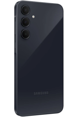 Back view of a Samsung Galaxy A35 with a triple camera setup and logo, in an Awesome Navy finish.