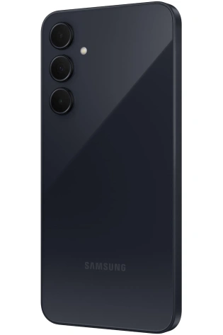 Back view of a Samsung Galaxy A35 5G 128GB (Awesome Navy) smartphone showing a triple-camera setup on a glossy black surface.
